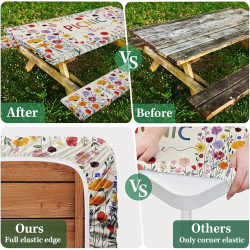 Picnic Table Cover with Bench Covers Elastic Edges, Wildflower Boho Camper Fitted Table Cover, Outdoor Camping Essentials 72 Inch 3PCS, Waterproof Camping Fitted Tablecloth with Drawstring Bag - color: Wildflower Boho, size: 72in