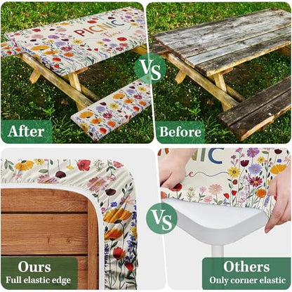 Picnic Table Cover with Bench Covers Elastic Edges, Wildflower Boho Camper Fitted Table Cover, Outdoor Camping Essentials 72 Inch 3PCS, Waterproof Camping Fitted Tablecloth with Drawstring Bag - color: Wildflower Boho, size: 72in