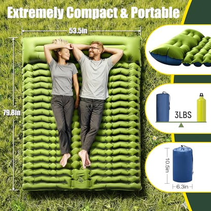 Yuzonc Double Sleeping Pad - Self Inflating 4" Extra-Thick for 2 Person with Pillow Built-in Foot Pump Inflatable Sleeping Mat for Backpacking, Hiking, Traveling, Tent, Portable Camping Mat - color: Green