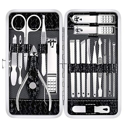 Yougai Nail Clippers Set - 18 Pcs Professional Manicure Pedicure Kit Gifts for Fathers Day Men Women, Stainless Steel Fingernail Toenail Cutters, Nail Care Grooming Tools with Leather Travel Case - color: Black