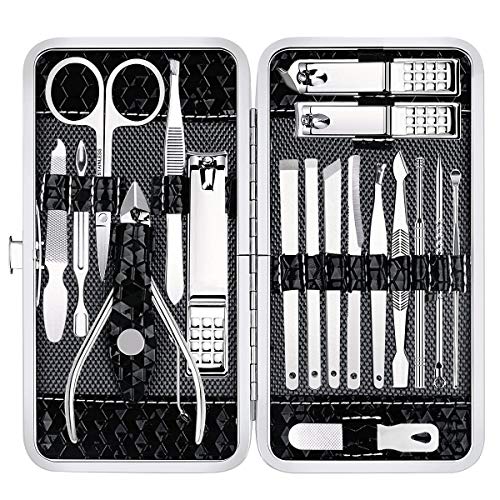 Yougai Nail Clippers Set - 18 Pcs Professional Manicure Pedicure Kit Gifts for Fathers Day Men Women, Stainless Steel Fingernail Toenail Cutters, Nail Care Grooming Tools with Leather Travel Case - color: Black