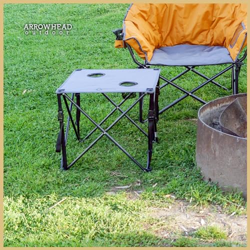 ARROWHEAD OUTDOOR 26” (66cm) Portable Camping Folding Table, 2 Cup Holders, Square, Carrying Case, Steel Frame, High-Grade 600D Canvas - color: Grey