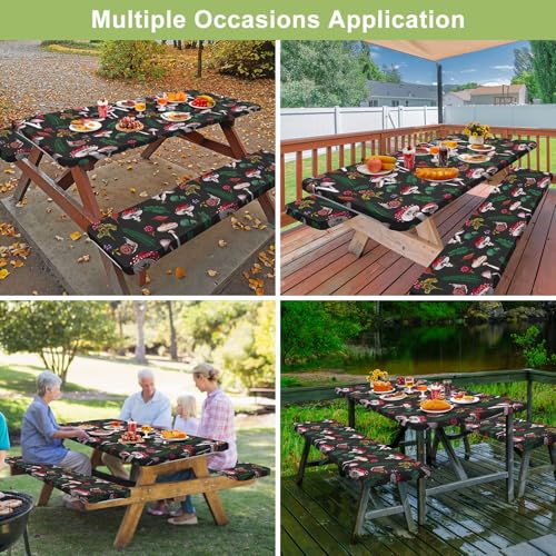 Picnic Table Cover with Bench Covers 6FT 3 Pcs Waterproof Windproof Aesthetic Camping Tablecloth with Drawstring Bag, Fitted for 6 Foot Rectangle Tables and Seats, 72 inch, Black Green Red - color: Black Green Red