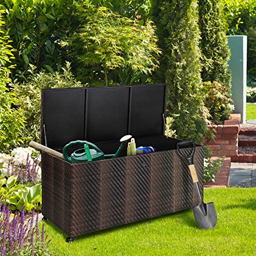 Tangkula 96 Gallon Deck Box, PE Wicker Outdoor Storage Box with 4 Wheels and Waterproof Liner, Outdoor Rectangular Storage Container for Cushions, Garden Tools (Mix Brown) - color: Mix Brown