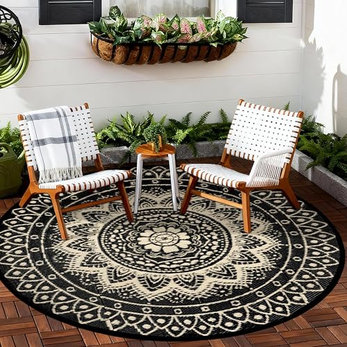 Round Outdoor Rugs for Patios, 6Ft Waterproof Reversible Plastic Straw Mat with Carry Bags, Boho Lightweight Outdoor Carpet Portable Round Floor Mat for Patio Camping Picnic Backyard RV,Black Camel - color: Black Camel, size: 6' (Round)