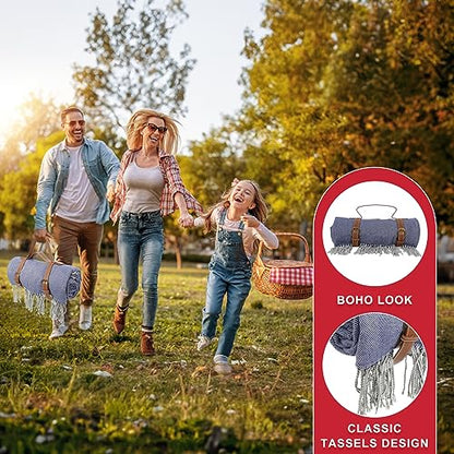 Picnic Blanket Extra Large Waterproof with Strap 59"x79" - Machine Washable Tassels Faux Wool Cashmere for Park, Grass, Camping, Hiking, Concerts (Blue, 59"X79") - color: Blue