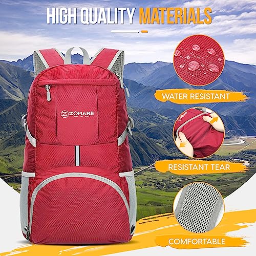 ZOMAKE Lightweight Packable Backpack 35L, Light Foldable Backpacks Water Resistant Collapsible Hiking Bag, Compact Folding Day Pack for Travel Camping(Red) - color: Red