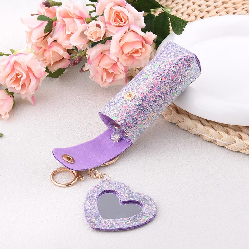 Sisadodo Glitter Lip Oil Holder Key Chains for Woman Lipstick Case with Mirror Lip Balm Keychain for Lipstick Case Keychain - color: Purple-heart