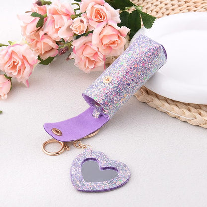 Sisadodo Glitter Lip Oil Holder Key Chains for Woman Lipstick Case with Mirror Lip Balm Keychain for Lipstick Case Keychain - color: Purple-heart