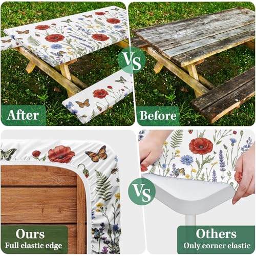 Picnic Table Cover with Bench Covers Elastic Edges, Wildflower Camper Fitted Table Cover, Outdoor Camping Essentials 72 Inch 3PCS, Waterproof Camping Fitted Tablecloth with Drawstring Bag - color: Wildflower, size: 72in