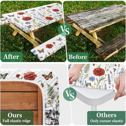 Picnic Table Cover with Bench Covers Elastic Edges, Wildflower Camper Fitted Table Cover, Outdoor Camping Essentials 72 Inch 3PCS, Waterproof Camping Fitted Tablecloth with Drawstring Bag - color: Wildflower, size: 72in