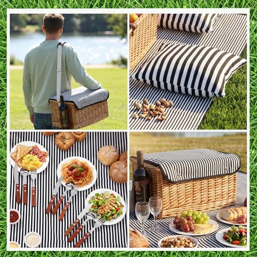 Sawysine Wicker Picnic Basket with Throw Pillow Set for 4, Multifunctional Hamper Gift Set with Blanket, Bamboo Wine Snack Table & Tablewares, Portable Outdoor Combo for Camping, Party & Gifting