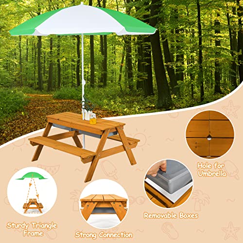 HONEY JOY Kids Picnic Table, 4 in 1 Cedar Wooden Sand & Water Table w/ 2 Removable Box & Umbrella, Kids Picnic Tables for Outdoors Backyard Garden, Toddler Patio Furniture Set for Boys Girls(Natural) - color: Natural