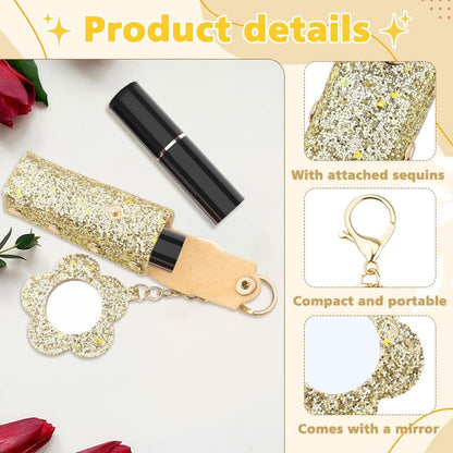 Sisadodo Glitter Lip Oil Holder Key Chains for Woman Lipstick Case with Mirror Lip Balm Keychain for Lipstick Case Keychain - color: Gold-flower
