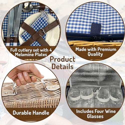 Nature Gear Picnic Basket, Wicker Basket with Handle for Outdoors, Insulated Woven Basket, Includes a Service Kit of Dinnerware & Wine Glasses, Picnic Basket Set for 4 with Blanket, Blue & White - color: Blue & White & Blanket