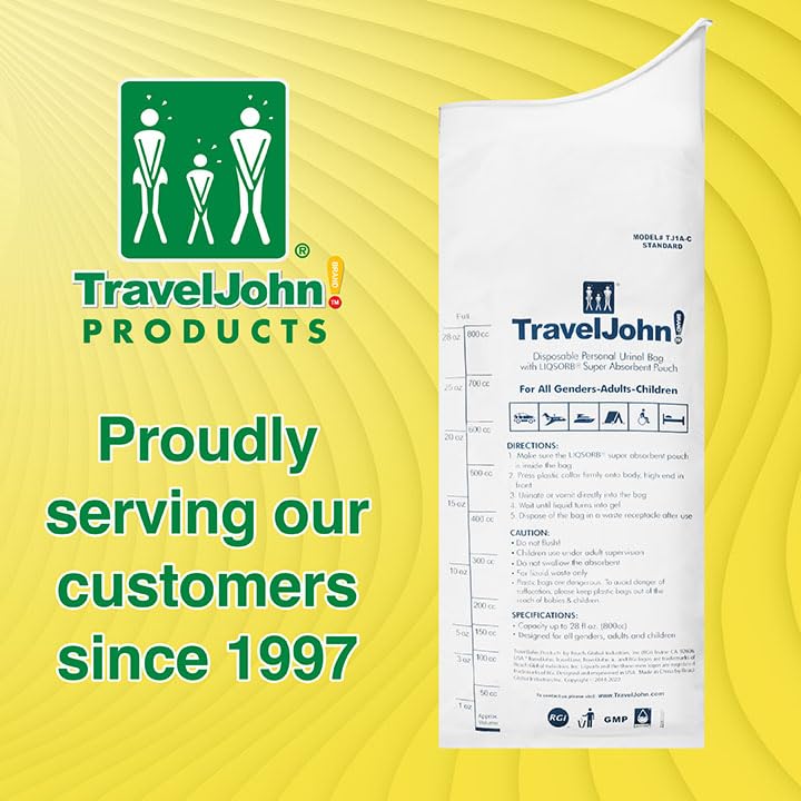 TravelJohn Disposable Urinal Bags – Road Trip Essentials for Men, Women & Kids – Odorless Leakproof Portable Urine Bags – Ideal for Camping, Emergencies & Long Car Rides (TJ1A-C) - style: 18 Pack