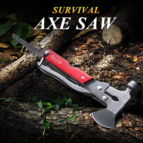 RoverTac 14-in-1 Multitool Camping Axe Hatchet – Essential Camping Gear with Knife, Hammer, Saw, Bottle Opener, Screwdriver – Multi Tool with Sheath – Gifts for Men, Dad, and Outdoor Adventures - color: Red