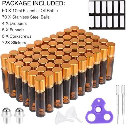 PrettyCare 60 Pack, 10 ml Essential Oil Roller Bottles with Stainless Steel Roller Ball - Bulk Refillable Leak-proof Empty Thick Amber Glass Roll on Bottles with Metal Caps for Travel, Perfume - color: Amber with Golden Cap, size: 60 Pack