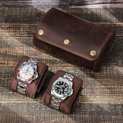 Personalized Custom Name Watch Case Roll Organizer, Luxury Genuine Leather Travel 2-Watches Case For Watch and Bracelet (04 Coffee) - color: 04 Coffee