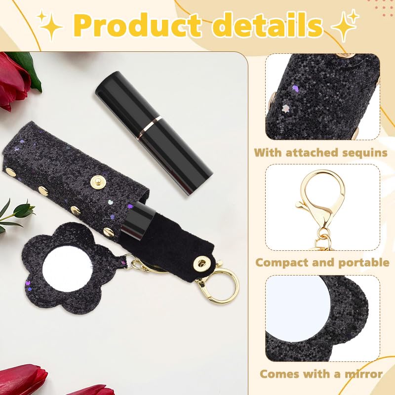 Sisadodo Glitter Lip Oil Holder Key Chains for Woman Lipstick Case with Mirror Lip Balm Keychain for Lipstick Case Keychain - color: Black-flower