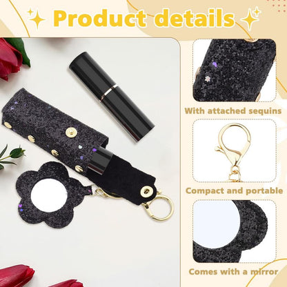 Sisadodo Glitter Lip Oil Holder Key Chains for Woman Lipstick Case with Mirror Lip Balm Keychain for Lipstick Case Keychain - color: Black-flower
