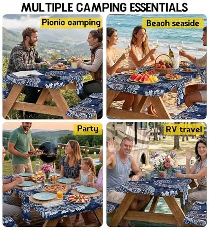 Picnic Table Cover with Bench Covers Tablecloth Table Cloth Camping Gifts for 30th 40th 50th 55th 60th 70th 80th 45th 65th 75th 40 50 55 60 65 70 Year Old Camper RV Owner Camping Lovers Men Women - color: Blue Paisley, size: 72in