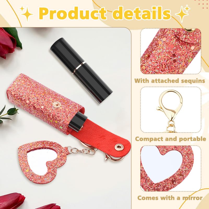 Sisadodo Glitter Lip Oil Holder Key Chains for Woman Lipstick Case with Mirror Lip Balm Keychain for Lipstick Case Keychain - color: Red-heart