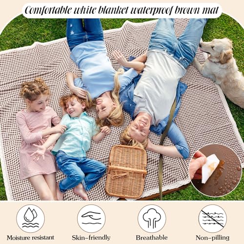 VitalCozy Waterproof Picnic Blankets 59 x 78in Outdoor Blanket Foldable 2 in 1 Double Layer Sandproof Beach Mat with Carry Strap for Camping Lawn Park Beach Grass(Coffee White) - color: Coffee White