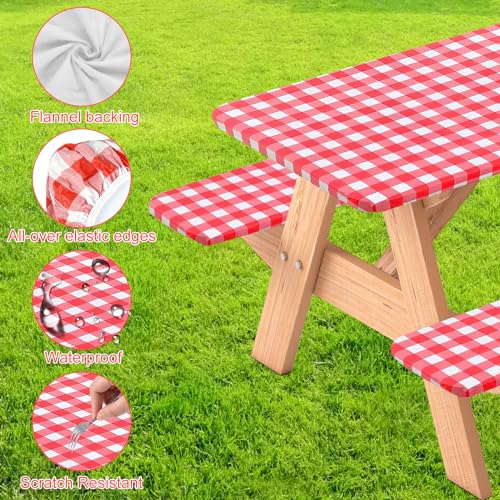 3 Pcs Set Fitted Picnic Table Cover with Bench Covers Vinyl Camping Table Cloth Flannel Backing for 6ft Tables Camping Outdoor (Red Checked, 30 x 72 Inches) - color: Red and White Plaid