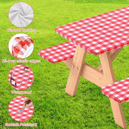 3 Pcs Set Fitted Picnic Table Cover with Bench Covers Vinyl Camping Table Cloth Flannel Backing for 6ft Tables Camping Outdoor (Red Checked, 30 x 72 Inches) - color: Red and White Plaid