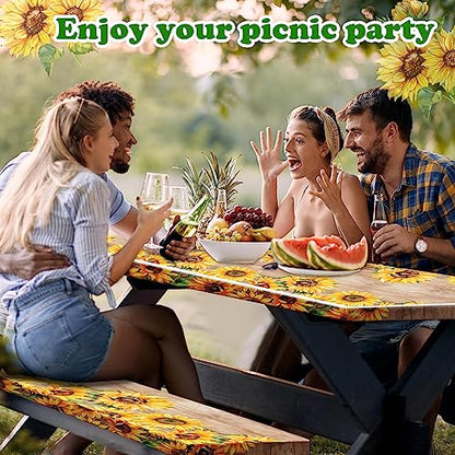 Boao 3 Pcs Vinyl Picnic Table Cover with Bench Cover 6 ft 30 x 72 Inch Waterproof Fitted Tablecloth Flannel Backing Rectangular Elastic Edged for Camping Outdoor Patio Travel(Retro Sunflower) - color: Retro Sunflower