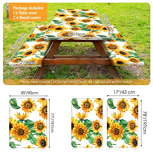 Boao 3 Pcs Vinyl Picnic Table Cover with Bench Cover 6 ft 30 x 72 Inch Waterproof Fitted Tablecloth Flannel Backing Rectangular Elastic Edged for Camping Outdoor Patio Travel(Sunflower) - color: Sunflower