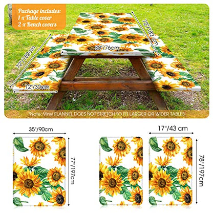 Boao 3 Pcs Vinyl Picnic Table Cover with Bench Cover 6 ft 30 x 72 Inch Waterproof Fitted Tablecloth Flannel Backing Rectangular Elastic Edged for Camping Outdoor Patio Travel(Sunflower) - color: Sunflower