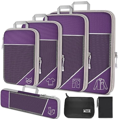 NiHome 7PCS Compression Packing Cube Set Expandable Mesh Travel Bag Luggage Organizers with Electronic Cable Cord Charger Organizer Drawstring Bag for Trip Home Storage Travel Gear Accessories - color: Purple