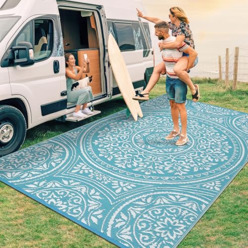 GarveeHome Large Waterproof Outdoor Rug 9x18 Reversible Floral Plastic Straw Rug, Durable UV Resistant Outdoor Carpet, Portable RV Camper Picnic Mat with Stakes & Carry Bag for Yard Poolside, Blue - color: Flower Blue/White, size: 9' x 18' (Rectangular)