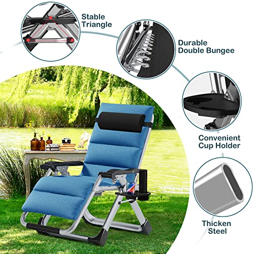 NAIZEA Padded Zero Gravity Chair, Folding Outdoor Lounge Chairs, Adjustable Reclining Camping Chairs with Cup Holder, Ergonomic Patio Lawn Chair for Balcony Beach Deck Yard - color: Linen Blue, style: Zero Gravity Chair 2 Pack
