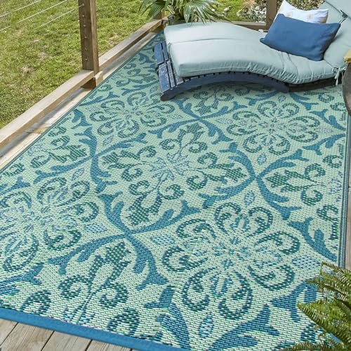 Lahome Waterproof Outdoor Rug 6x9 ft, Reversible Plastic Straw Patio Rug for Camping, RV Mat Outside, Indoor Outdoor Carpet for Porch Deck Backyard Camper Picnic, Light Blue and Green 6x9 - color: Light Blue, size: 6' x 9' (Rectangular)