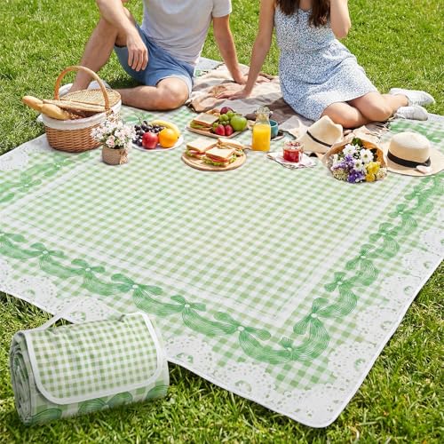 Qinyoung Bow Checkered Extra Large Picnic Blanket 79''x79'' Green Waterproof Foldable Blankets Sandproof Picnic Mat for Beach Spring Camping Grass Lawn Park Cute Couple Gifts Ideas Wedding Registry