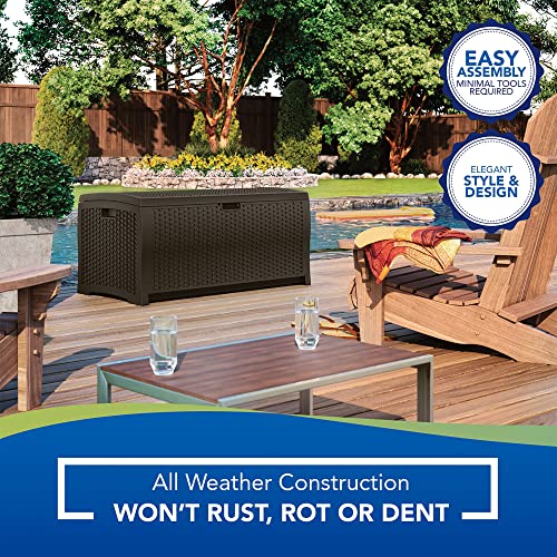 Suncast Outdoor Storage Box - 73 Gallon Mocha Brown Deck Box for Patio, weather-resistant Outdoor Storage Bench, Resin Wicker Style, Heavy-Duty, Lockable Lid for Cushions, Shoes, Pool & Garden Gear - style: Deck Box