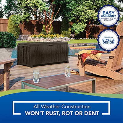 Suncast Outdoor Storage Box - 73 Gallon Mocha Brown Deck Box for Patio, weather-resistant Outdoor Storage Bench, Resin Wicker Style, Heavy-Duty, Lockable Lid for Cushions, Shoes, Pool & Garden Gear - style: Deck Box