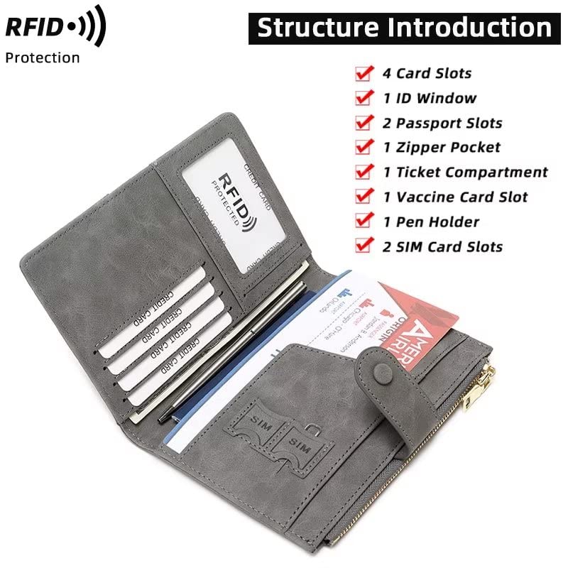 Mudono Passport and Card Holder for Women RFID Blocking Card Case Slim Travel Wallet Change Purse with Vaccine Card Slot - color: Pink