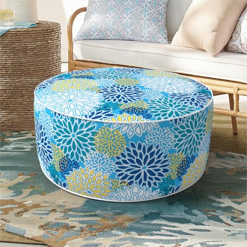 DYTXIII Inflatable Ottoman Stool D21 xH9 for Outdoor/Indoor Use, Water Repellent Patio Foot Rest Stool with Portable Handle,Round Pouf Ottoman Suitable for Garden,Deck and Camping - Dahlia Blue - color: Dahlia Blue, size: 21"D x 21"W x 9"H
