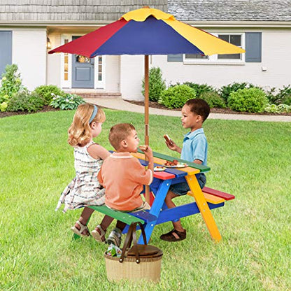 Costzon Kids Picnic Table Set, Colorful Wood Picnic Table and Benches with Removable/Folding Umbrella, Children Rainbow Bench Outdoor Patio Set