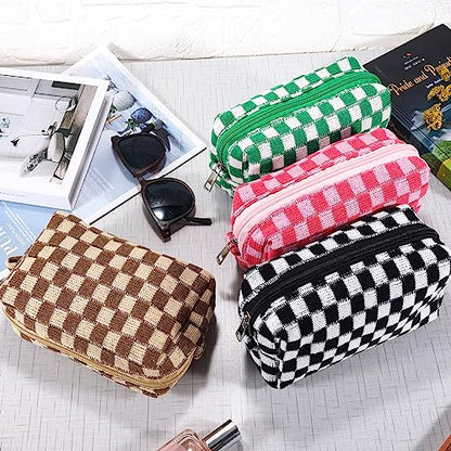 ZLFSRQ 4Pcs Checkered Pencil Case Cute Pencil Pouch for Teens Checkered Makeup Bag Medium Travel Cosmetic Bag Makeup Pouch for Purse Aesthetic Trendy Zipper Toiletry Bags(Green/Black/Pink/Brown) - color: Checkered 4Pcs M Pink/Black/Green/Brown