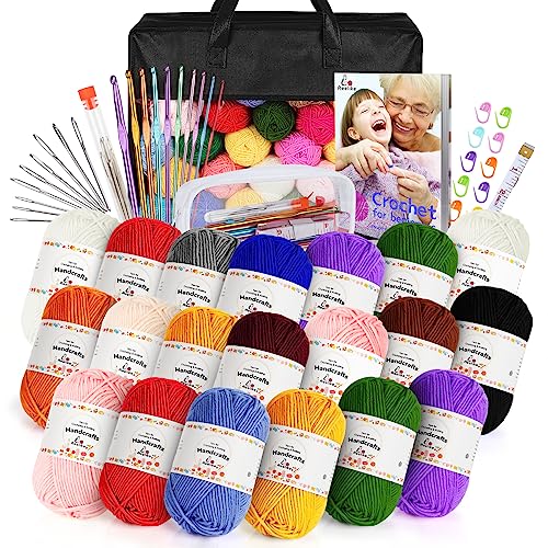 Aeelike 20pcs Acrylic Yarn for Crocheting, Crotcheting Set for Beginners, Crochet Kit with Everything Include 1093 Yards Yarn, Aluminum Crochet Hooks,Step-by-Step Instruction and Black Organiser Bag - color: Organiser Bag Black