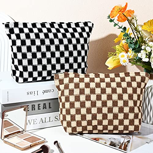 SOIDRAM 2 Pieces Makeup Bag Large Checkered Cosmetic Bag Capacity Canvas Travel Toiletry Bag Organizer Cute Makeup Brushes Aesthetic Accessories Storage Bag for Women, Checkered L Black Brown - color: Black & Brown