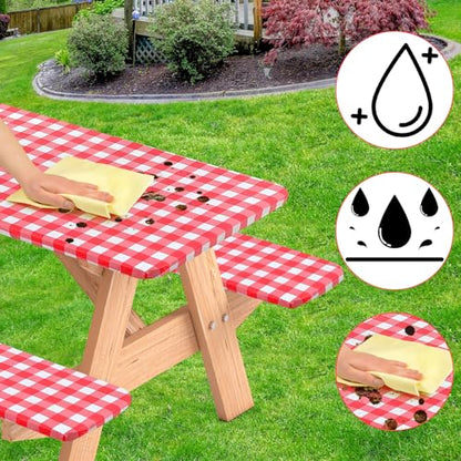 3 Pcs Set Fitted Picnic Table Cover with Bench Covers Vinyl Camping Table Cloth Flannel Backing for 6ft Tables Camping Outdoor (Red Checked, 30 x 72 Inches) - color: Red and White Plaid