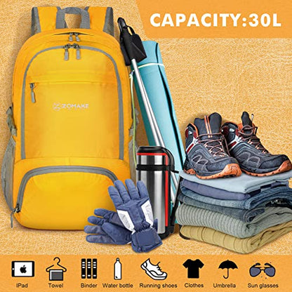 ZOMAKE Lightweight Packable Backpack 30L, Foldable Hiking Backpacks Water Resistant Compact Folding Daypack for Travel(Yellow) - color: Yellow
