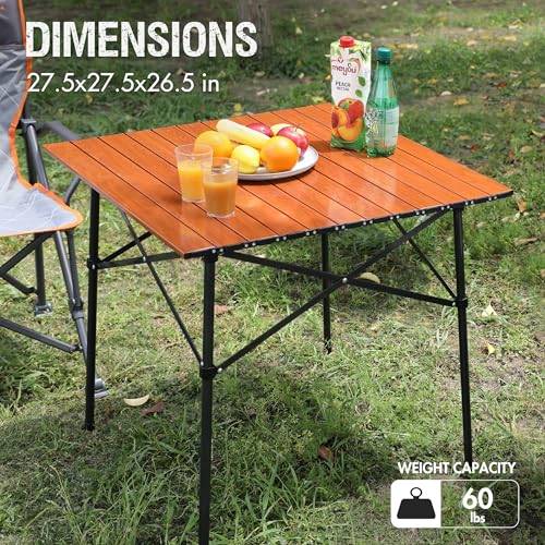 Portal Lightweight Aluminum Folding Square Table Roll Up Top 4 People Compact Table with Carry Bag for Camping, Picnic, Backyards, BBQ, Brown - color: Brown