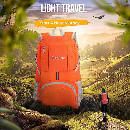 ZOMAKE Lightweight Packable Backpack 35L, Light Foldable Backpacks Water Resistant Collapsible Hiking Bag, Compact Folding Day Pack for Travel Camping(Orange) - color: Orange